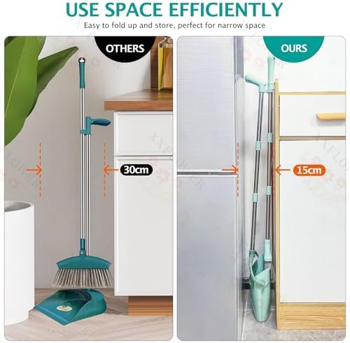 XXXFLOWER Broom and Dustpan Set with Cleaning Teeth, 54.5" Long Handle Indoor Sweeping Combo for Home Office Kitchen, Bluish Green