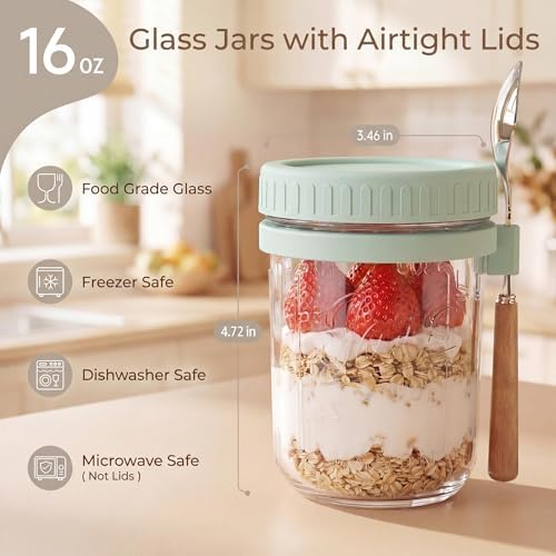 16oz Glass Overnight Oats Containers with Lids & Spoons, 4 Pack MultiColor
