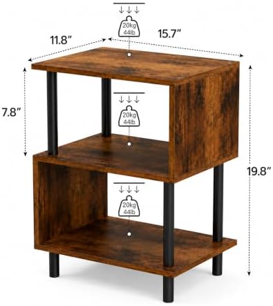 Frylr Side Table, Night Stand and End Table with Reinforced Metal Frame, 44 lb Capacity on Each Tier and Leveling Feet for Bedroom, Bedside, Living Room and Small Spaces, Rustic Brown