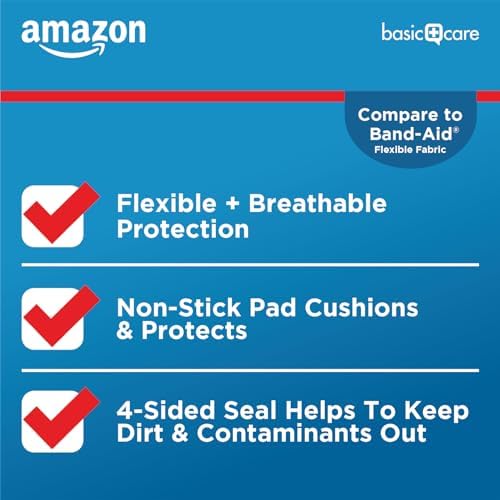 Amazon Basic Care Flexible Fabric Adhesive Bandages, XL (2 in x 4 in), Non-Stick Pad for Cuts & Scrapes, 4-Sided Seal, 10 Count