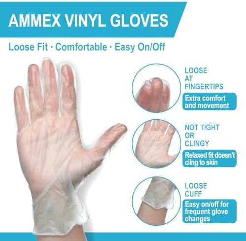 AMMEX Vinyl Gloves Disposable 4 mil Clear Plastic Exam Grade and Food Safe