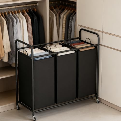 LINZINAR 3 Section Laundry Hamper, Black Laundry Basket 135L Laundry Sorter