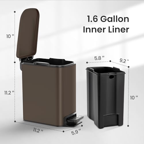 Cesun Small Bathroom Trash Can with Lid, 1.6 Gal, Soft Close, Brown