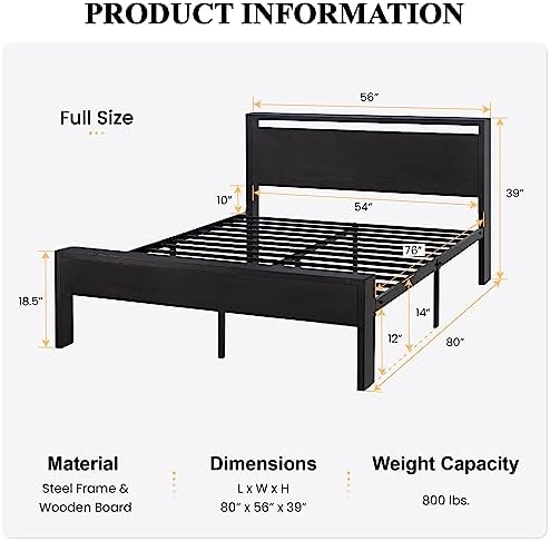 SHA CERLIN Full Size Bed Frame, Wooden Headboard and Footboard, Black Oak