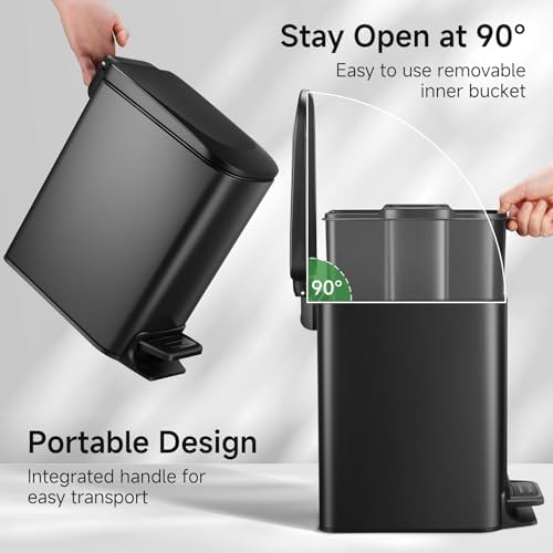 TIPGO Small Bathroom Trash Can with Lid, 1.6 Gal, Soft Close, Matte Black