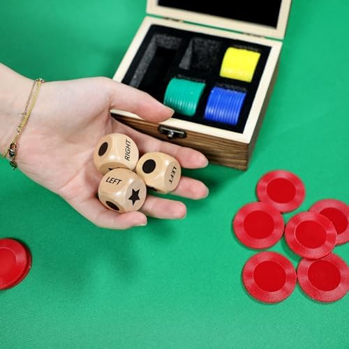 Pagather Left Right Roll Dice Game Set, Wooden Box with 3 Dice & 48 Chips