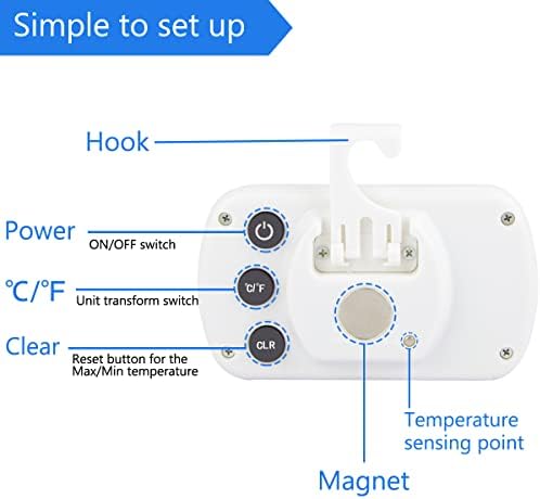 Refrigerator Thermometer Digital Fridge Freeze Room Thermometer Waterproof Large LCD Display Max/Min Record Function, White