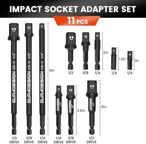GURADESIGN 11-Piece Impact Socket Adapter Set - 3/6 Inch Hex Shank, Drill & Driver Adapter for 1/4" 3/8" 1/2" Impact Drivers