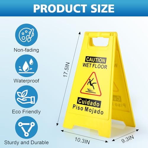 WOUSEDO 2-Pack Caution Wet Floor Sign,17.5" Height,Bright Yellow Double-Sided Folding A-Shaped Frame Design, Bilingual Caution Message