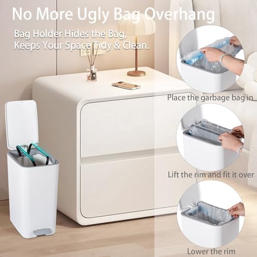 Small Bathroom Trash Can with Lid, 2.1 Gallon Slim Step Trash Can, White