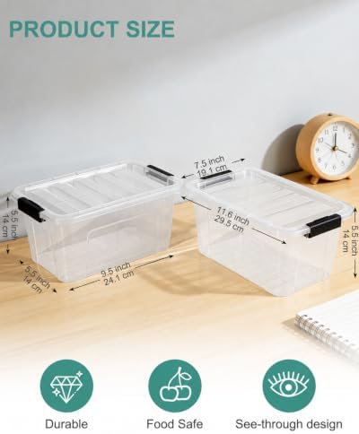 EOENVIVS Plastic Storage Bins with Lids 6 Pack, 7 Quart Storage Containers With Black Buckle Latch, Stackable Storage Organizers for Home Pantry Office Classroom Organization, Clear