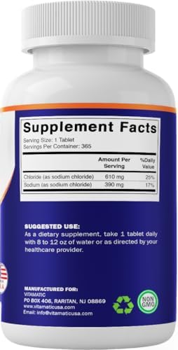 Vitamatic Sodium Chloride 1000mg – 365 Tablets Electrolyte Replenisher & Hydration Support – Non-GMO, Gluten-Free