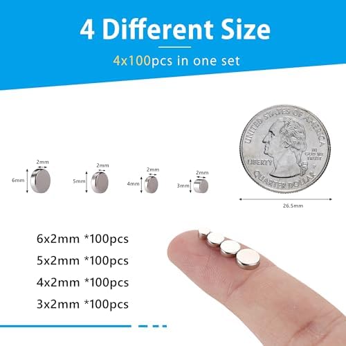 RHINOCATS 400Pcs Small Magnets, 4 Different Sizes Tiny Mini Magents, Multi-Use for Fridge, DIY, Office, Hobbies, Crafts and Science