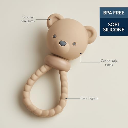 Itzy Ritzy Silicone Rattle Toy, Teething Toy with Soft Jingle Sound (Bear)