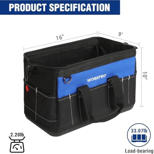 WORKPRO 16-inch Wide Mouth Tool Bag with Water-Proof Molded Base