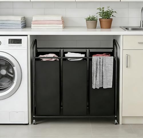 LINZINAR 3 Section Laundry Hamper, Black Laundry Basket 135L Laundry Sorter