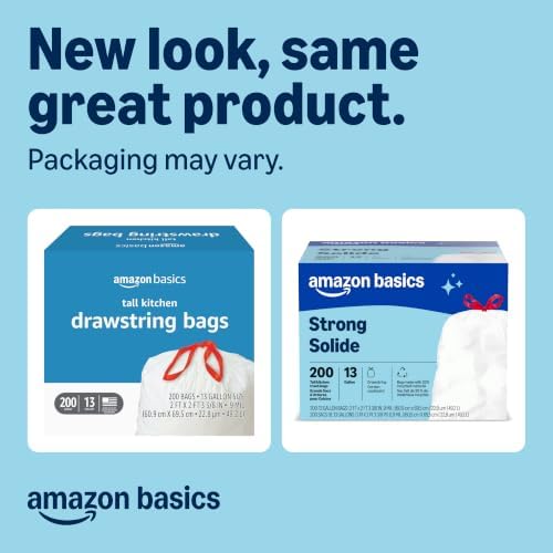 Amazon Basics Trash Bags, Tall Kitchen Drawstring, Unscented, 13 Gallon, 200 Count, Pack of 1, Packaging May Vary