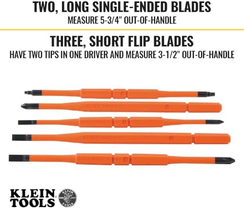 Klein Tools 32288 Insulated Screwdriver, 8-in-1 Screwdriver Set with Interchangeable Blades, 3 Phillips, 3 Slotted and 2 Square Tips