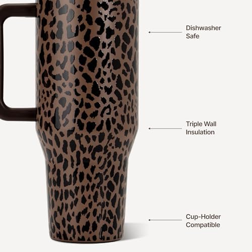 HydroJug Traveler 32oz, Insulated Tumbler with Handle & Straw, Brown Leopard
