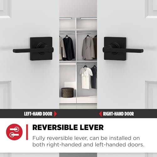 Kwikset Casey Passage Door Lever, Non-Locking Handle for Interior Hall and Closet Doors, Reversible for Easy Install, Featuring Microban Protection in Matte Black