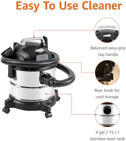 Amazon Basics Wet Dry Shop Vacuum Cleaner, 4 Gallon, 3 HP Stainless Steel, Grey/Black