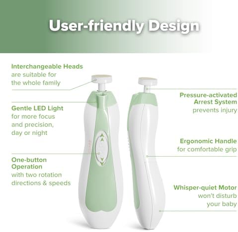 haakaa Electric Baby Nail File, LED Light Baby Nail Trimmer, Green