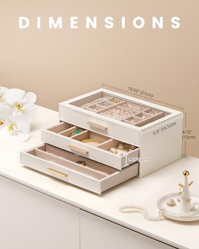 Lolalet Jewelry Box Organizer, 3-Layer Jewelry Storage Case -Beige