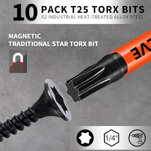 DYRECELVE 10-Pack T25 Torx Bits for Impact Driver, T25 Bit Magnetic 2-Inch