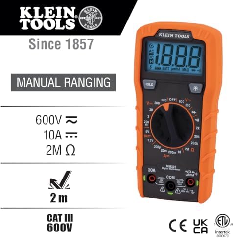 Klein Tools MM325 Multimeter, Digital Manual-Ranging 600V AC/DC Voltage Tester, Tests Batteries, Current, Resistance, Diodes, and Continuity