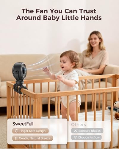 SWEETFULL Baby Stroller Fan, Safe Portable Fan, 15H Use, Nightlight - Black
