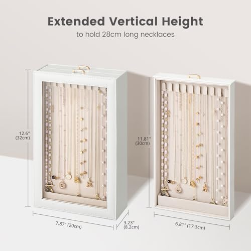 Lolalet Necklace Organizer Box, Jewelry Display Case, White, 2 Layers