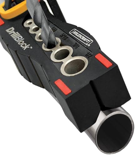 Milescraft 1312 Drill Block - Handheld Drilling Guide, Drilling Jig with Drill Guides for 6 of the Most Common Imperial Drill Bit Sizes, Precision Drilling Tool Accessory