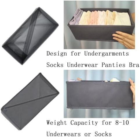 Bructhun Sock Drawer Organizer 3 Pack - Collapsible Fabric Storage Bins for Underwear Divider, Small Closet Organizers with 3 Compartments, Gray