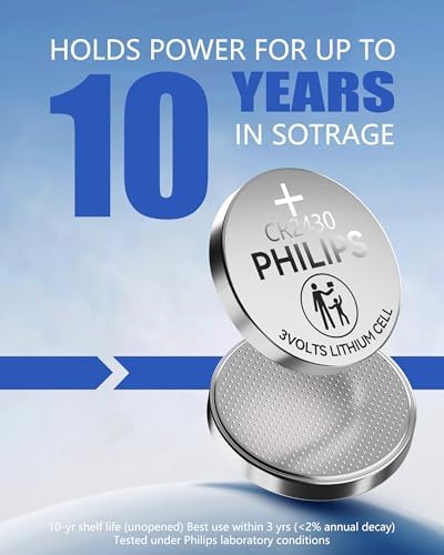 PHILIPS CR2430 3V Lithium Button Cell Battery 5 Pack, 10 Year Shelf Life, Stable Discharge, Child Resistant Packaging Works with Key Fob & Household Electronics
