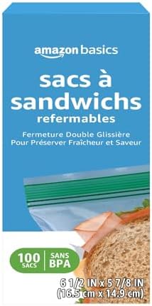 Amazon Basics Reclosable Double Zipper Sandwich Storage Bags for Food Storage, BPA Free, 100 Count