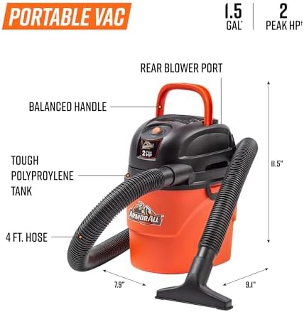 Armor All® AA155 1.5-Gallon 2 Peak HP Portable Wet/Dry Vacuum, Orange
