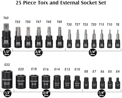 MIXPOWER 25 Piece Torx Bit and Socket Set, 13 Star Bits (T8- T60) & 12 E-Torx Sockets (E4-E22), Professional Grade Auto & Motorcycle Mechanic Set