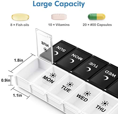 DANYING Large Pill Organizer 2 Times a Day, Weekly Pill Box 2 Per Day, AM PM Pill Case, Day Night Pills Container 7 Day, Vitamin Case Twice a Day, Black & White