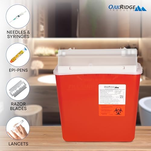 Oakridge Products Sharps Container for Home Use and Professional 5 Quart (2-Pack), Biohazard Needle and Syringe Disposal, Mailbox Style Lid, CDC Certified