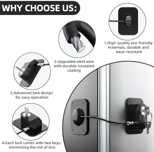 RORMGO Refrigerator Lock 2 Packs, Fridge Lock with Silicone Wire Protection Fridge Locks for Kids Easy to Use and Install Cabinet Locks with Key, Black