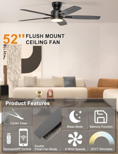 Ohniyou 52'' Low Profile Ceiling Fan with Lights, Remote/APP Control, Black
