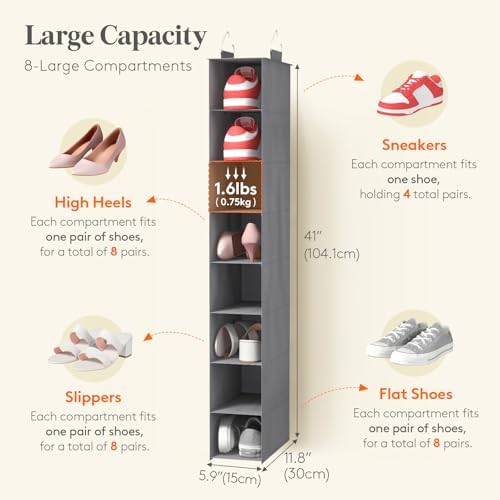 Lifewit 8 Section Hanging Shoe Storage Organizer for Closet Foldable, Gray