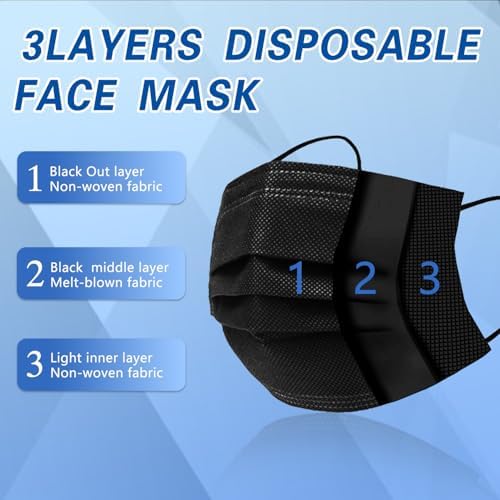 100Pcs Black Disposable Face Mask,3 Ply Masks with Soft Ear loops