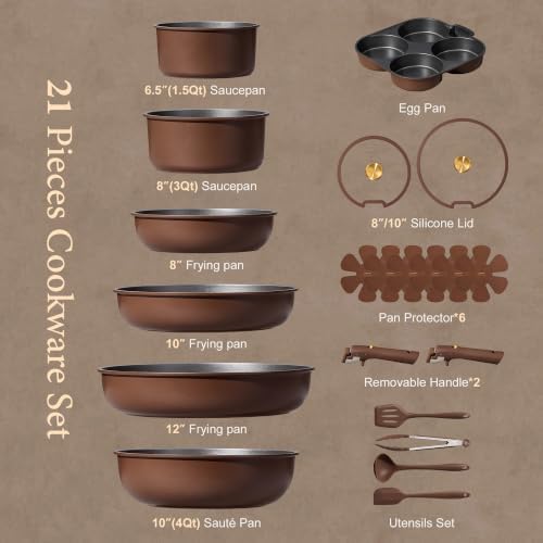 CAROTE 21pcs Pots and Pans Set, Nonstick Cookware Set Detachable Handle, Induction Kitchen Cookware Sets Non Stick with Removable Handle, RV Cookware Set, Oven Safe, Brown