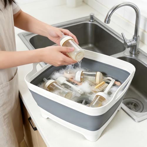 FOSJGO Collapsible Dish Basin with Drain Plug, Foldable Sink, 2.4 Gal (9L)