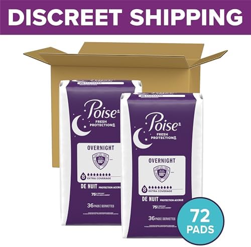 Poise Overnight Incontinence Pads for Women, 8 Drop, 72 ct