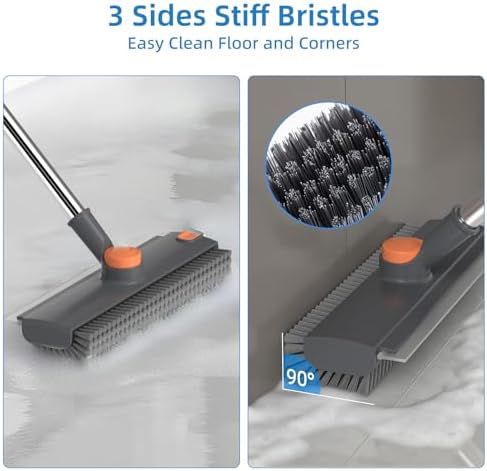 Floor Scrub Brush with Long Handle, 3 in 1 Scrape and Heavy-Duty Stiff Bristle Floor Scrubber Brush Broom with Squeegee and Tweezer for Cleaning Grey