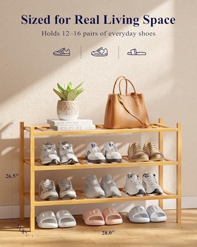 Kitsure Bamboo Wooden Shoe Rack for Closet, 26.8" Wide - 3 Tiers, Natural