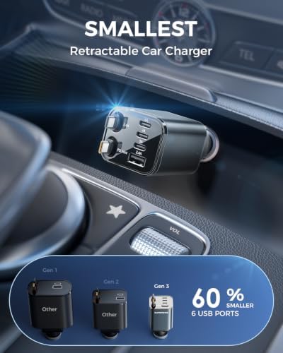 SUPERONE Retractable Car Charger, 6-Port [Ultra-Compact] Car Charger USB C