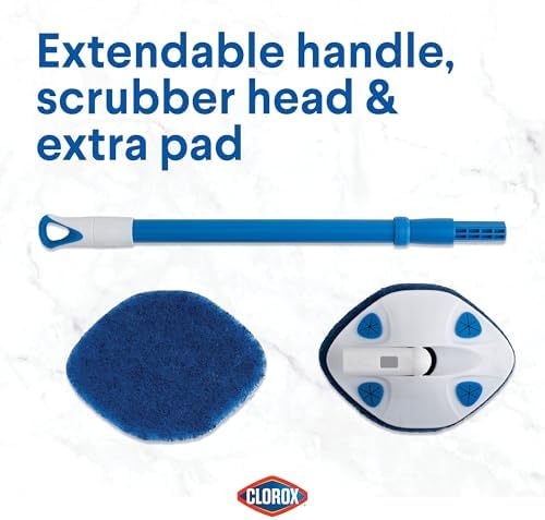 Clorox Extendable Tub & Tile Scrubber with Polyurethane Head – Heavy Duty Bathroom Cleaning Brush with Bonus Refill, Pivoting Head, Replaceable Pad, Works with Clorox Wipes
